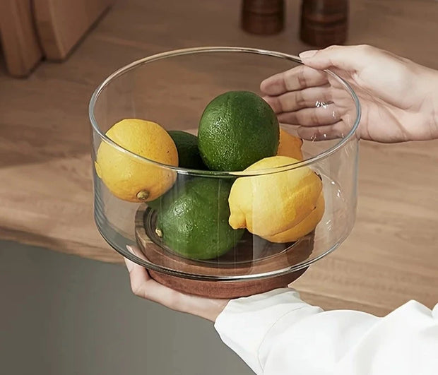 Stylish Glass Fruit Bowl with Wooden Base